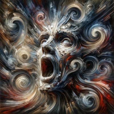 The primary subject of the image is a close-up of a person's face, with a mouth wide open. The setting is a swirling, abstract background that adds a sense of motion and energy to the scene. The visual style is a combination of digital art and illustration, creating a unique and dynamic representation of the person's face. The colors and mood of the image are predominantly dark and dramatic, with the swirling background providing a sense of intensity and emotion.